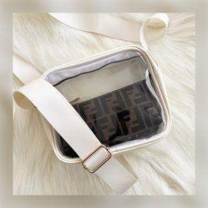 Boxy Clear Jelly Shoulder Crossbody Bag w/ Leather Trim in White